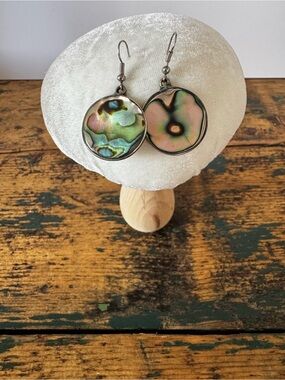 Abalone Shell Drop Earrings - Iridescent Green and Pink